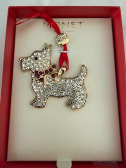 2024 Monet Gold Tone Crystal Rhinestone Terrier Dog Christmas Ornament NIB!