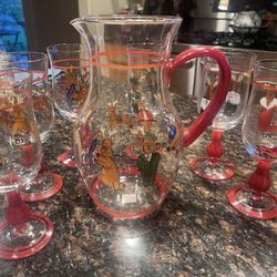 Holidays Christmas Wine Water Glasses Stem Reindeer and Matching pitcher