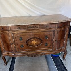Antique French Marble-Top Commode – Louis XV / Louis XVI Style, Floral Marquetry, 1900s