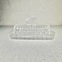 Bohemia Czech Republic Lead Crystal Clear Glass Butterfly Butter Dish.