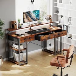 55 inch Computer Desk with 3 Drawers, Gaming Desk with LED Lights & Power Outlets, Home Office Desk with Storage Shelves & Monitor Stand, Modern Work 