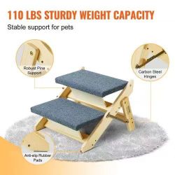 499#Wooden Pet Steps, Convertible 2-in-1 Dog Stairs and Ramp for Beds, Sofas, and Vehicles, Supports Small to Large Animals up to 110 lbs, Foldable De