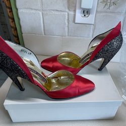 Walter Steiger, stiletto, red silk or satin d’Orsay 7.5 Euc