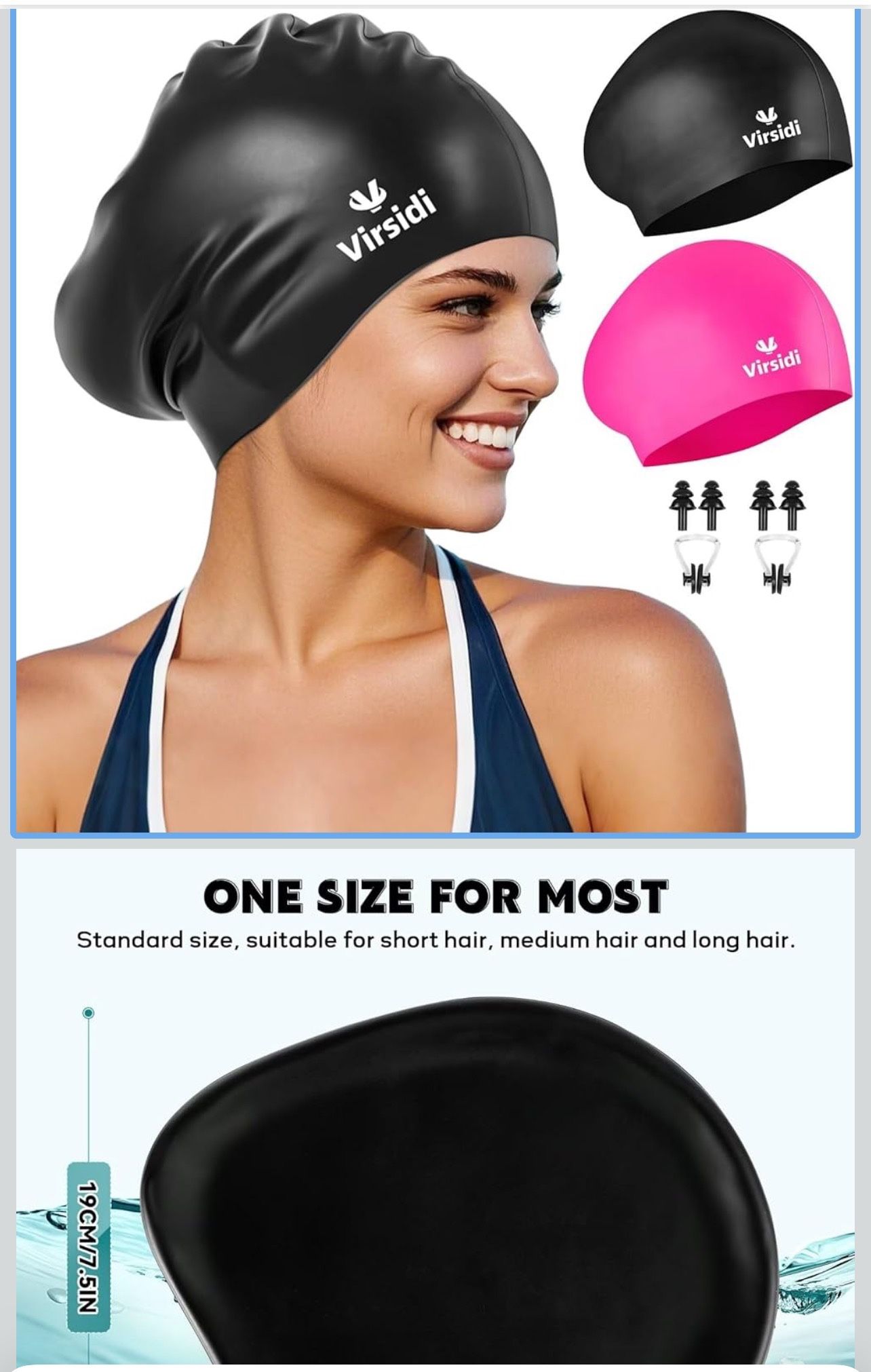 2 Pack Swim Cap for Women Men Adult, Silicone Swimming Caps for Short Long Hair, Waterproof Swim Hats Bathing Caps to Keep Hair Dry with Nose Clip and