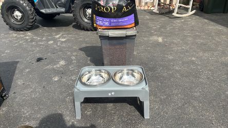 Dog dish, dog food container, and recently purchased dog food Dog dish, dog food container, and recently purchased dog food