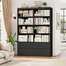 71" Black Bookshelf with Drawers, 47.3" Double Wide Bookshelves and Bookcases with Storage, Tall Bookshelf Large Open Book Shelf Standing Book Case fo