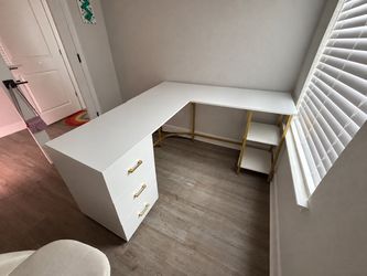 White & Gold L-Shaped Desk with Drawers & Shelves