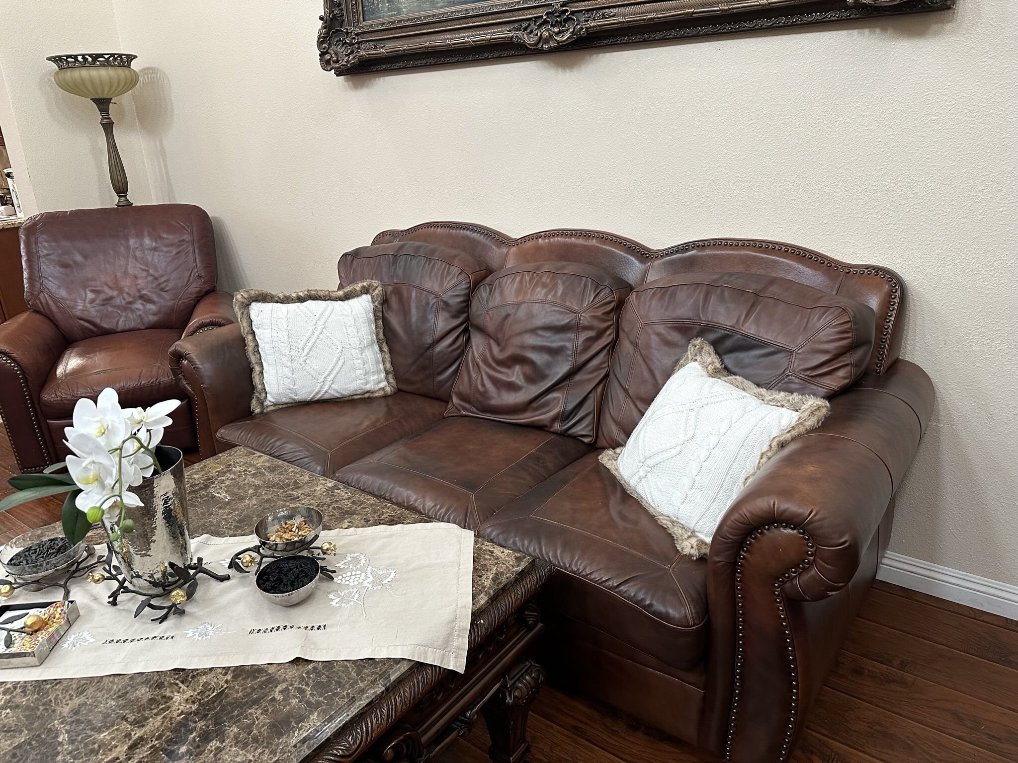 Real Leather 2 sofas and one Leather reclining chair