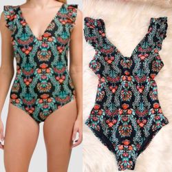 Jessica Simpson Women's Bikini One Piece Beach Swimwear Flutter Sleeve Floral Bathing Suit  Size: S  
