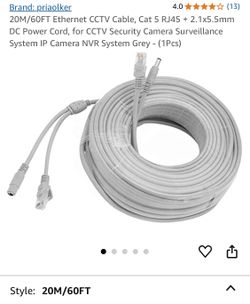 20FT Ethernet CCTV Cable, Cat 5 RJ45 + 2.1x5.5mm DC Power Cord, for CCTV Security Camera Surveillance System IP Camera NVR System Grey - (1Pcs)