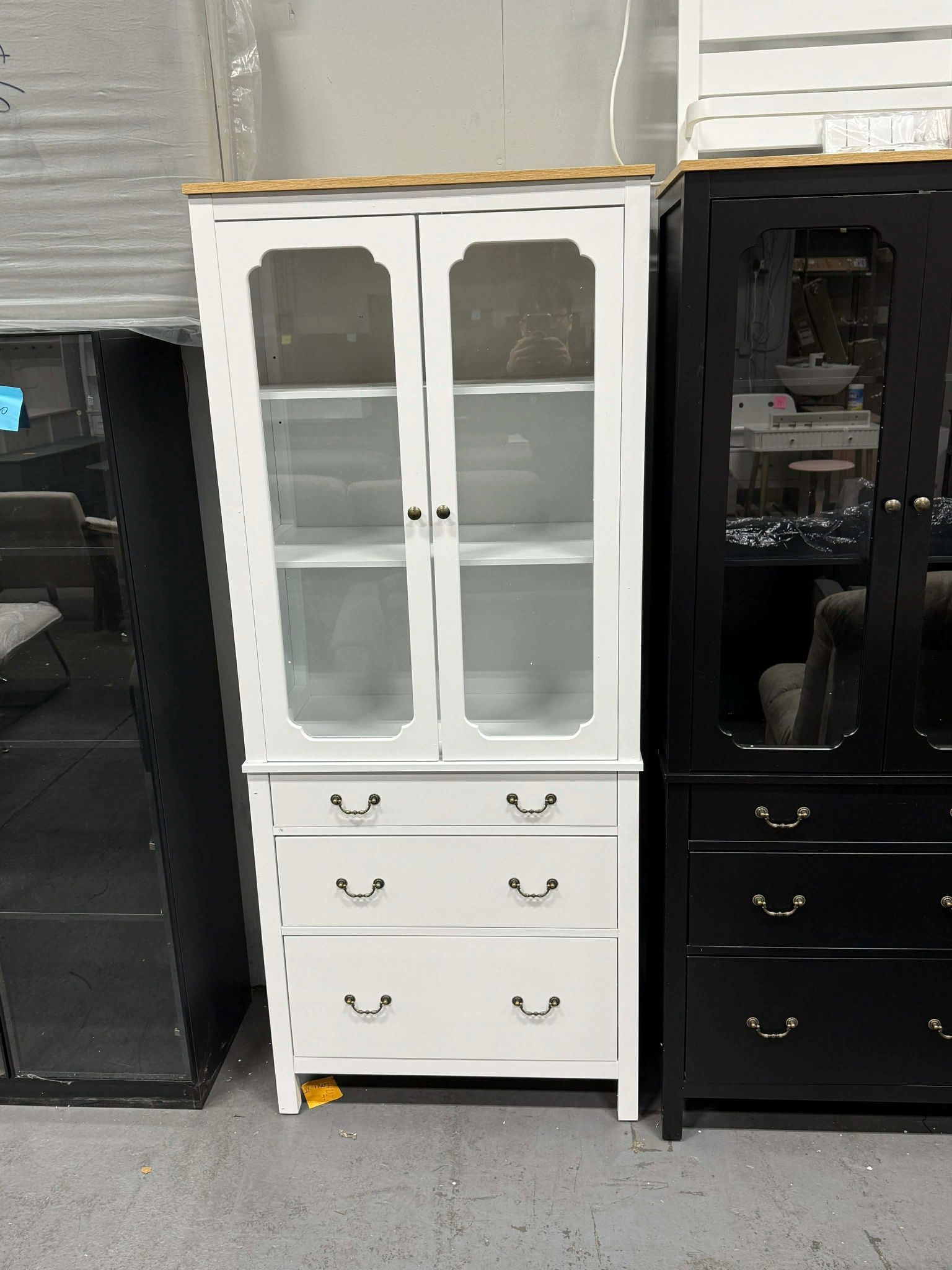 72"H Storage Display Cabinet with 2 Glass Doors and 3 Drawers for Living Room, White YJJ25026