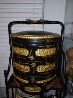 Large antique Or vintage Chinese 3 tier wedding black gold lacquer basket
