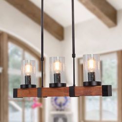 Anmytek Rustic Wood Chandelier 3 Lights, Farmhouse Kitchen Pendant Lamp Vintage Hanging Lighting Fixture with Seeded Glass Shades Get faster