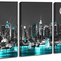 BRAND NEW Black and Aquamarine Wall Art Canvas New York City Night Scenes Sailboat Modern Cityscape Building Artwork Picture Painting for Bedroom Home