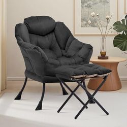 Lazy Chair with Ottoman, Black Comfy Reading Chair with Side Pocket