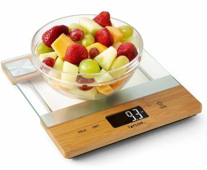 
Taylor digital 11 pound glass/ bamboo household kitchen scale in natural wood