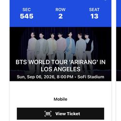 4x BTS Concert WORLD TOUR 'ARIRANG' IN LOS ANGELES Sunday, Sep 06, 2026, 8:00 PM SoFi Stadium Tickets