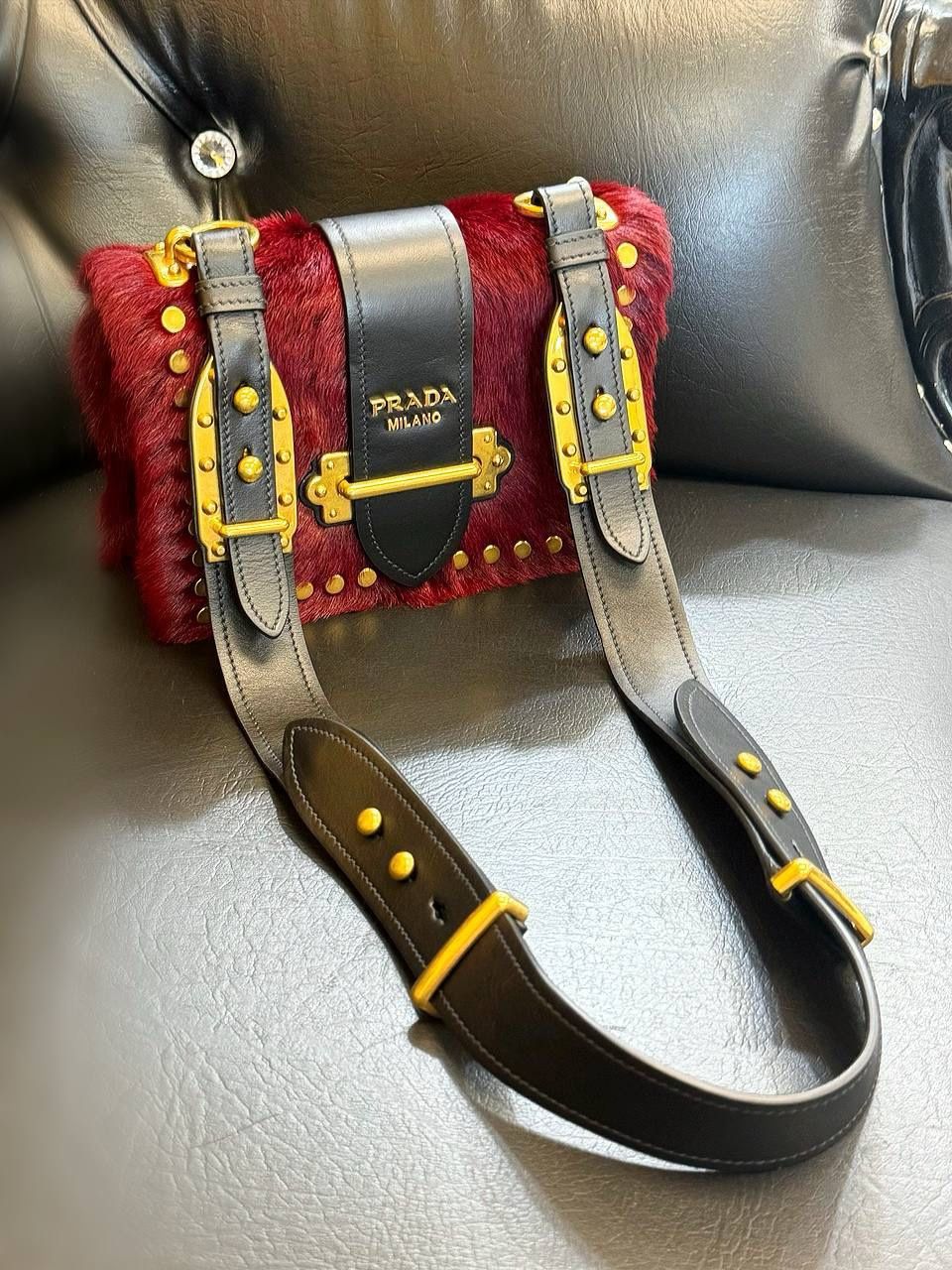 PRADA Cahier hair city pony-style calfskin faux fur crossbody bag granato black