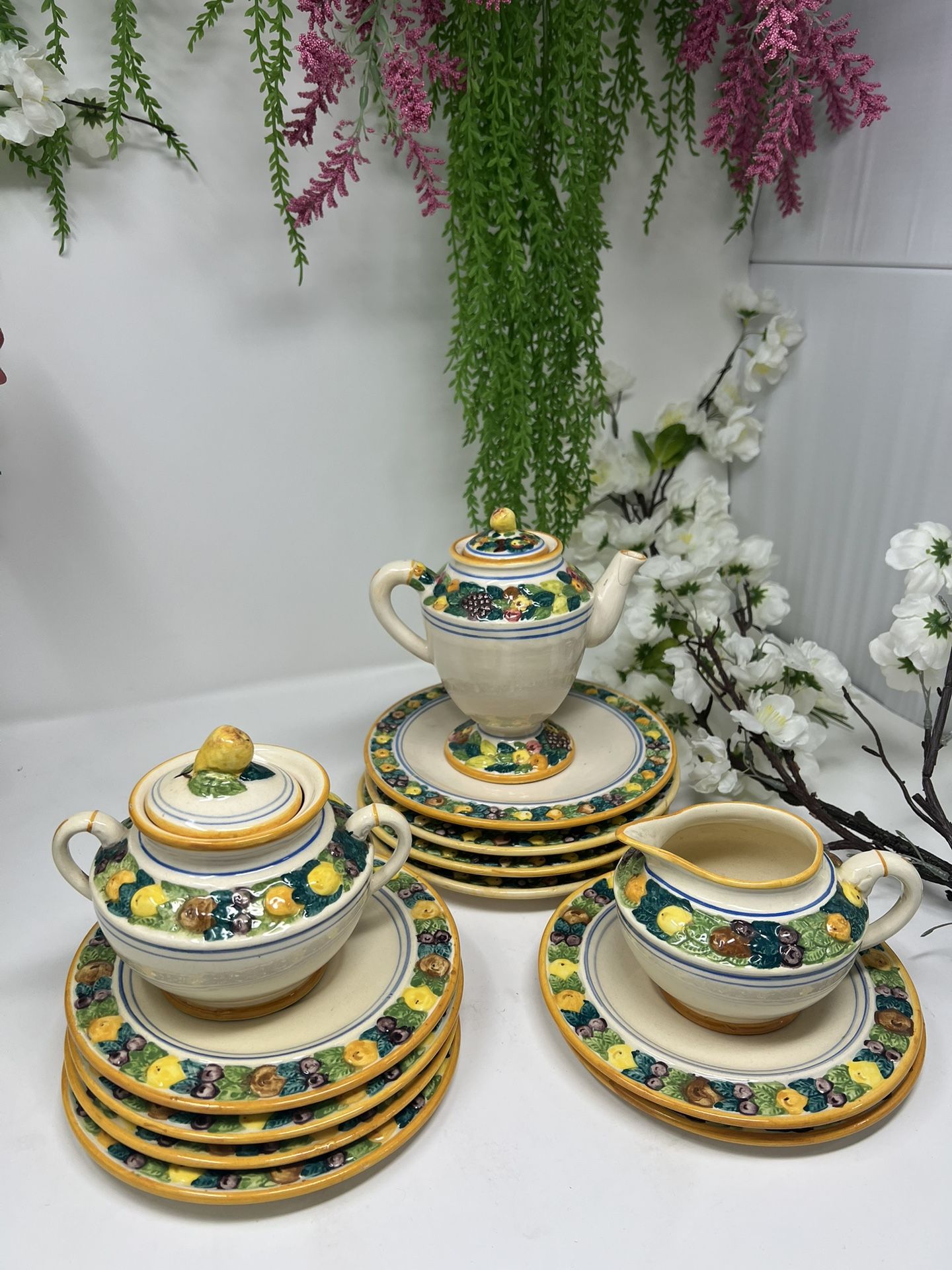VINTAGE Italian Majolica Tea Set – Hand Painted – Signed Italy