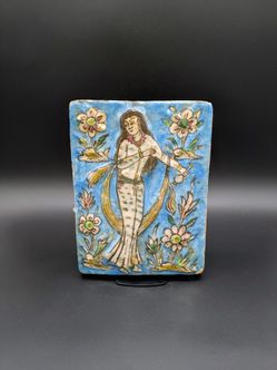 C. 1800s Persian Polychrome Ceramic Tile: Qajar Period