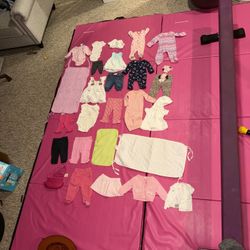 0-3m baby girl bundle. Some have light stains no holes. 1 pair of gray pants are preemie. The crib mats & tights have piling. Butterfly footies are a 