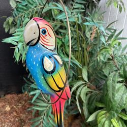 VTG Ceramic  Colorful Parrot Macaw on Hanging Perch Decor Tiki Tropical 