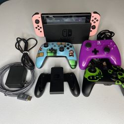 Nintendo Switch Console Bundle w/ Dock + Joy-Cons + 3 Controllers (Mario PowerA + Wireless) Clean Tested