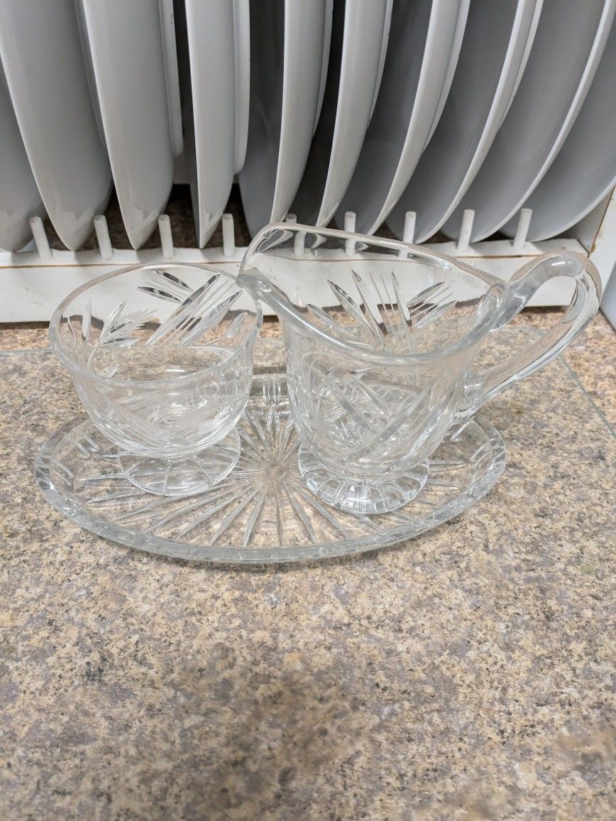 Vintage 3 Piece Crystal Sugar & Creamer W/Tray