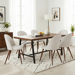 Homy Casa FORS + HAVEN 7PC Dining Set 63” Table with 6 Beige Fabric Chairs Walnut Finish