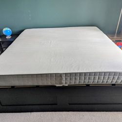 **EXCEL. CLEAN COND.-Ikea KING Bed w Slatted Base, Storage and Firm Foam Mattress**
