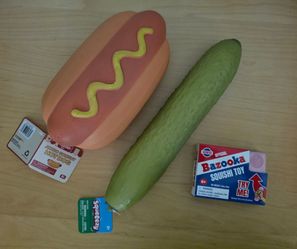 New Hot Dog, Pickle, + Bazooka Squishy Toy - $12 Each