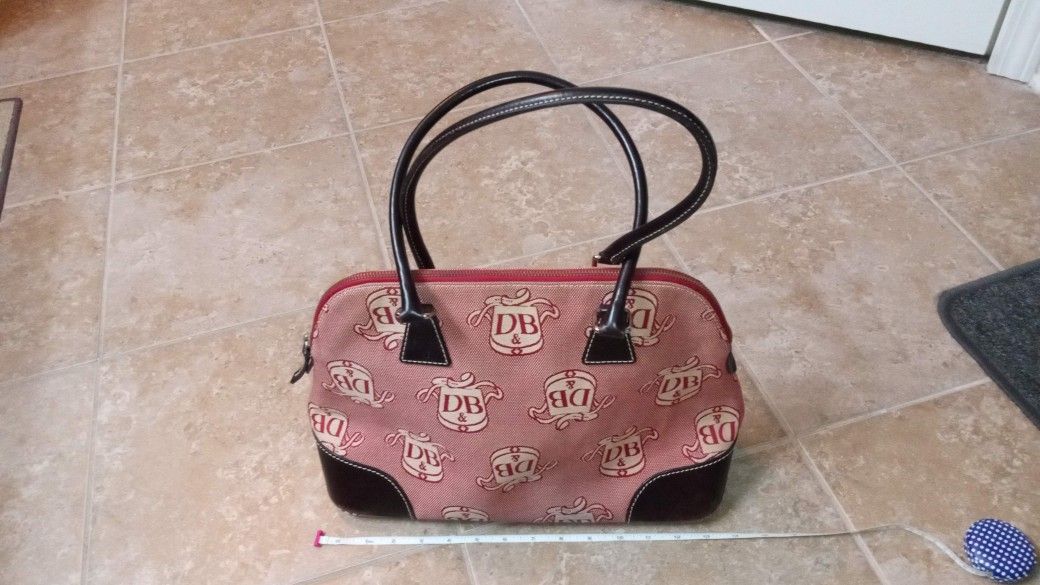 Dooney & Bourke Red-Tan Canvas Leather Trimmed "DB" Monogram Handbag Satchel