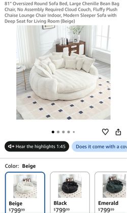 81" Oversized Round Sofa Bed, Large Chenille Bean Bag Chair, No Assembly Required Cloud Couch, Fluffy Plush Chaise Lounge Chair Indoor, Modern Sleeper