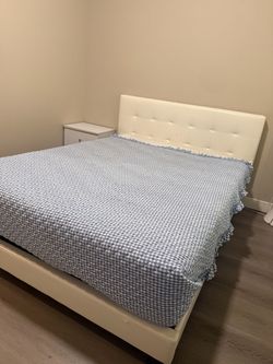 White Faux Leather Platform Bed Frame and queen mattress