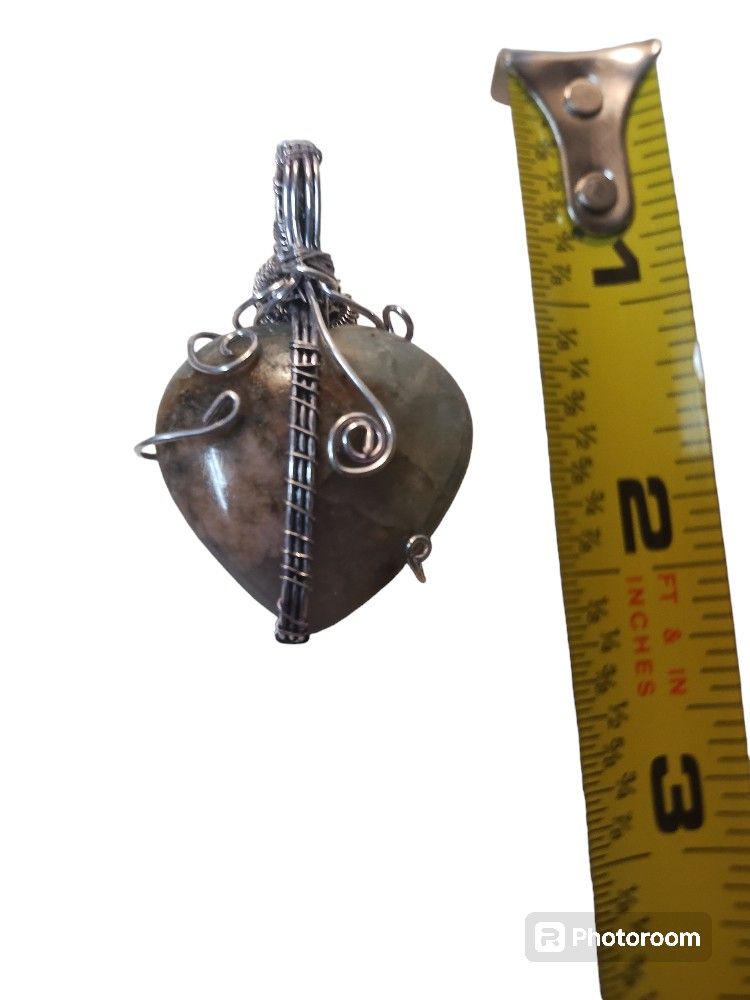 Natural Moss Jasper Silver Oxidized Heart Pendant Wire Wrapped Handmade