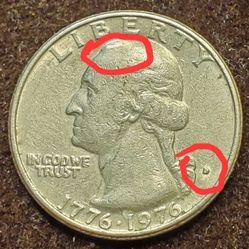Own a unique piece of American History.

Bicentennial Quarter 1776~1976 D....Rare Filled Mint Mark  + Mark on Forehead