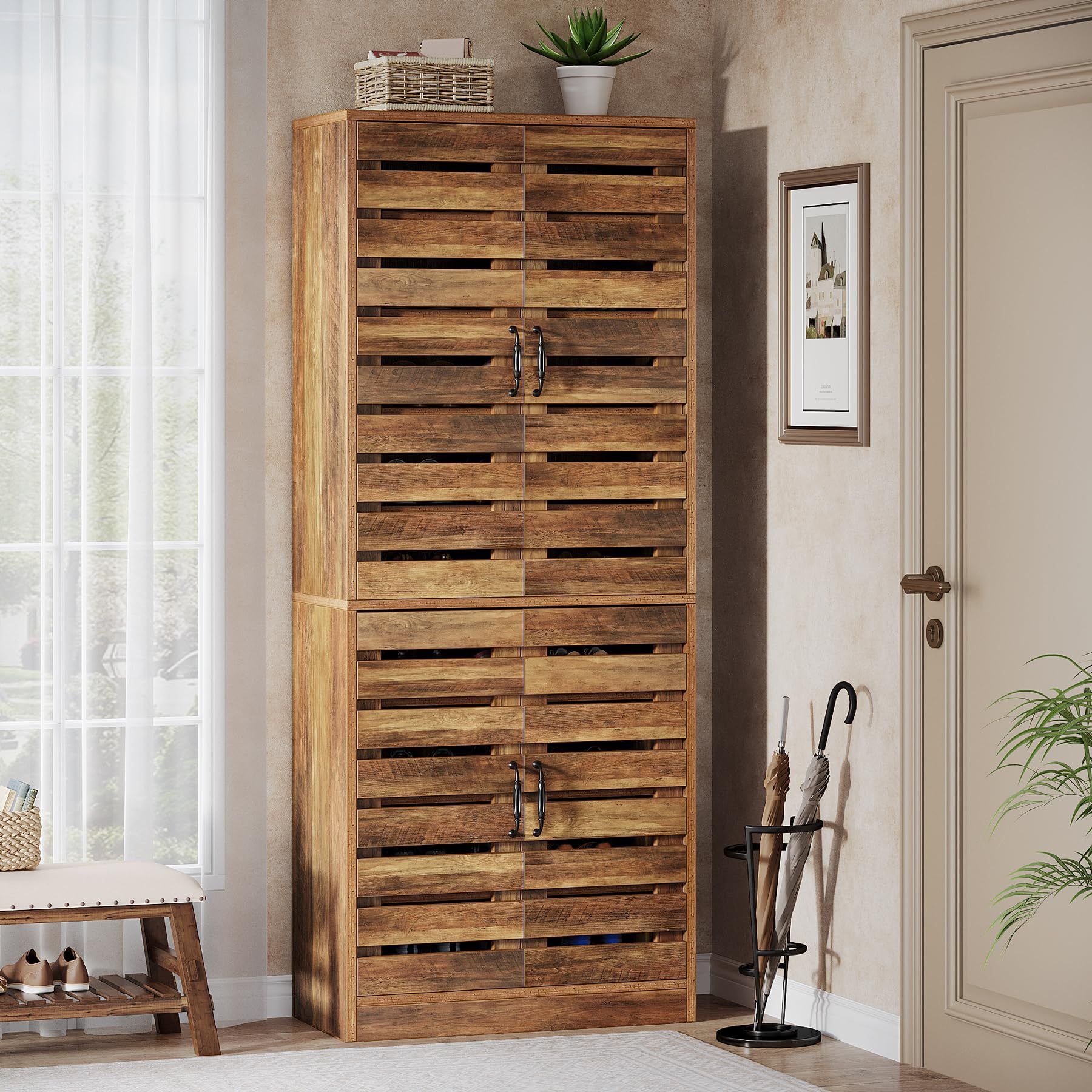 Tribesigns 70.8" Tall Shoe Cabinet with Shutter Doors, 9-Tier 27 Pairs Shoe Cabinet, Rustic Brown Vertical Shoe Storage Cabinet with Adjustable Shelve