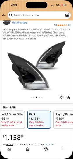 Headlamp Replacement For Volvo 2018-2021 2022 2023 2024 VNL/VNR LED Headlight Assembly | W/Bulbs | Clear Lens | W/LED Control Module | Black | Pair, R