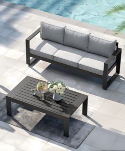 Outdoor Patio Aluminum Sofa, Metal Modern 3-Seat Couch with Washable Thick Cushions，coffee table