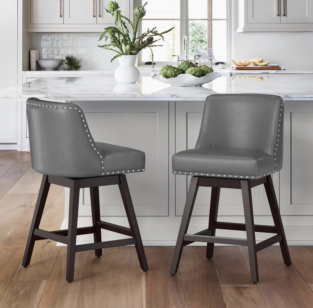 Set of 2, Dark Gray Swivel Counter Stools with Back, Faux Leather Upholstered Barstools