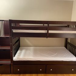 Staircase Bunk Bed Twin over Twin with 5 drawers and side shelvingw