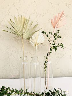 Set of 3 Bud Vases - palm pampas - wedding/shower boho home decor