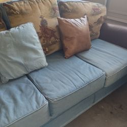 3 Seater Living Room Couch Denim/ Western Tapestry and Leather Studded Accents 