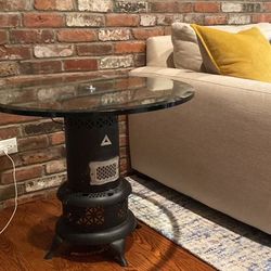 Vintage Glass Round End Table With Wood Burning Stove 