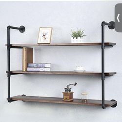 Industrial Pipe Shelves with Wood Planks,Bar Shelving Wall Mounted Hanging Book Shelf,Rustic Iron Floating Shelves for Wall(3 Tier 48in)