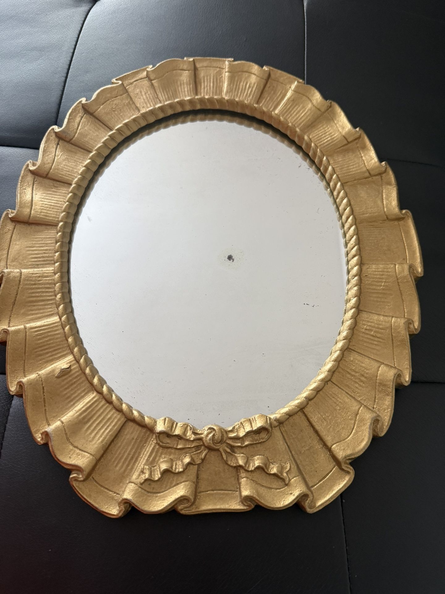 Vintage Gold Oval Wall Mirror with Ribbon Bow Frame - 12"x10" Rococo Style