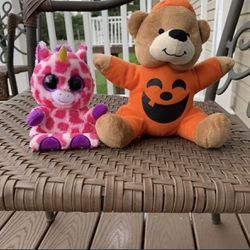 TY Beanie Boos UNI the Unicorn 4” + Halloween Jack O’ Lantern Stuffed Teddy Bear