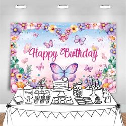 LDWLYW Purple Butterfly Happy Birthday Backdrop Banner Large Butterfly Birthday
