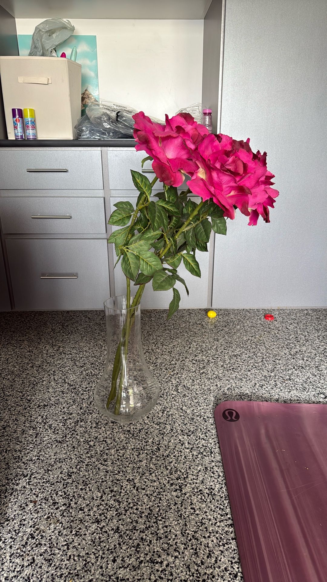 Decorative Glass Vase & Pink Faux Roses