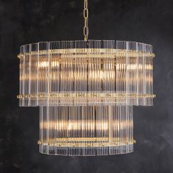 Two-Tier Ribbed Glass Brass Rod Chandelier